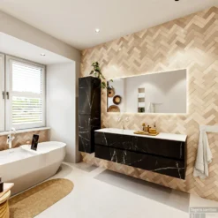 MONDIAZ VICA 150cm Badmeubel Onderkast Marquina 4 Lades. Wastafel CLOUD Links 1 Kraangat, Kleur Talc Met Spiegel LED. -Baden Luxe Verkoop badkamermeubel vica marquina cloud talc set4 0072