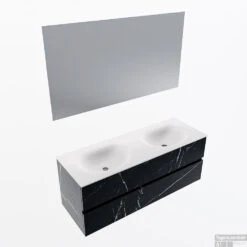 MONDIAZ VICA 130cm Badmeubel Onderkast Marquina 2 Lades. Wastafel Moon Dubbel 2 Kraangaten, Kleur Talc Met Spiegel LED.