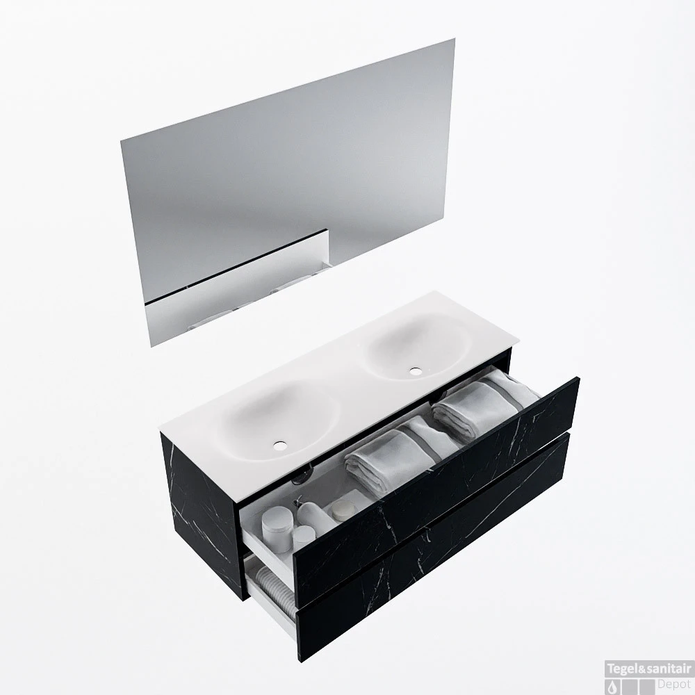 MONDIAZ VICA 130cm Badmeubel Onderkast Marquina 2 Lades. Wastafel Moon Dubbel 2 Kraangaten, Kleur Talc Met Spiegel LED. 2 MONDIAZ VICA 130cm Badmeubel Onderkast Marquina 2 Lades. Wastafel Moon Dubbel 2 Kraangaten, Kleur Talc Met Spiegel LED. - Afbeelding 2