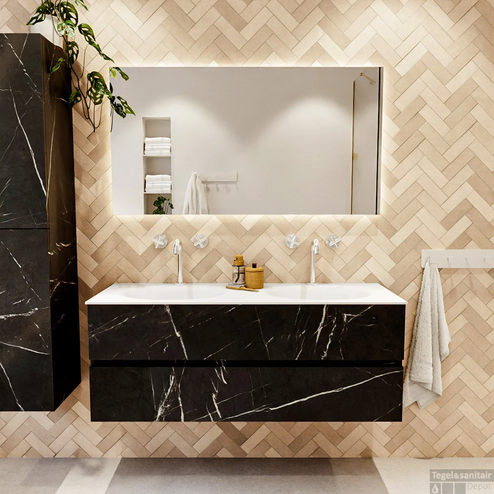 MONDIAZ VICA 130cm Badmeubel Onderkast Marquina 2 Lades. Wastafel Moon Dubbel 2 Kraangaten, Kleur Talc Met Spiegel LED. 5 MONDIAZ VICA 130cm Badmeubel Onderkast Marquina 2 Lades. Wastafel Moon Dubbel 2 Kraangaten, Kleur Talc Met Spiegel LED. - Afbeelding 5