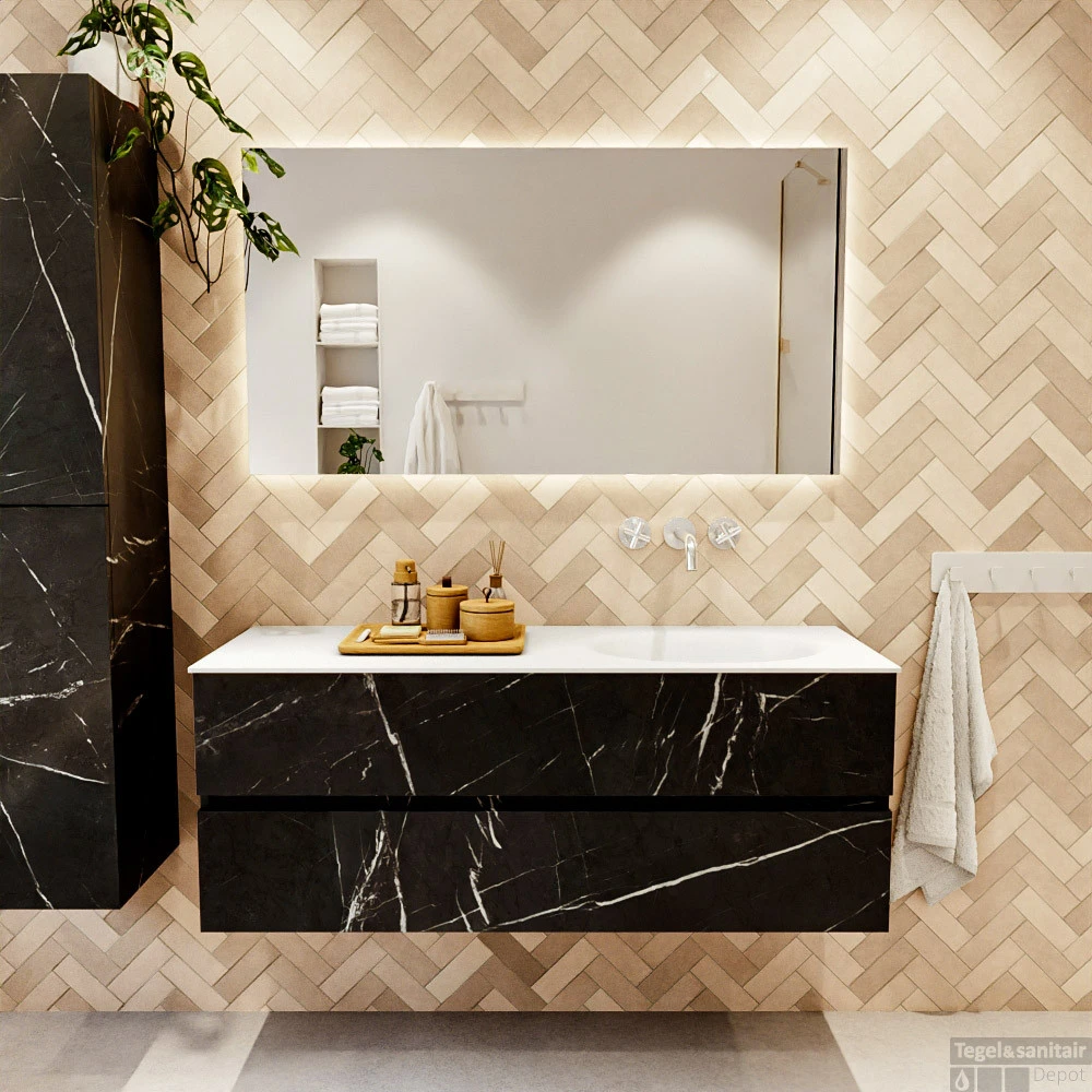 MONDIAZ VICA 130cm Badmeubel Onderkast Marquina 2 Lades. Wastafel MOON Rechts Zonder Kraangat, Kleur Talc. 5 MONDIAZ VICA 130cm Badmeubel Onderkast Marquina 2 Lades. Wastafel MOON Rechts Zonder Kraangat, Kleur Talc. - Afbeelding 5