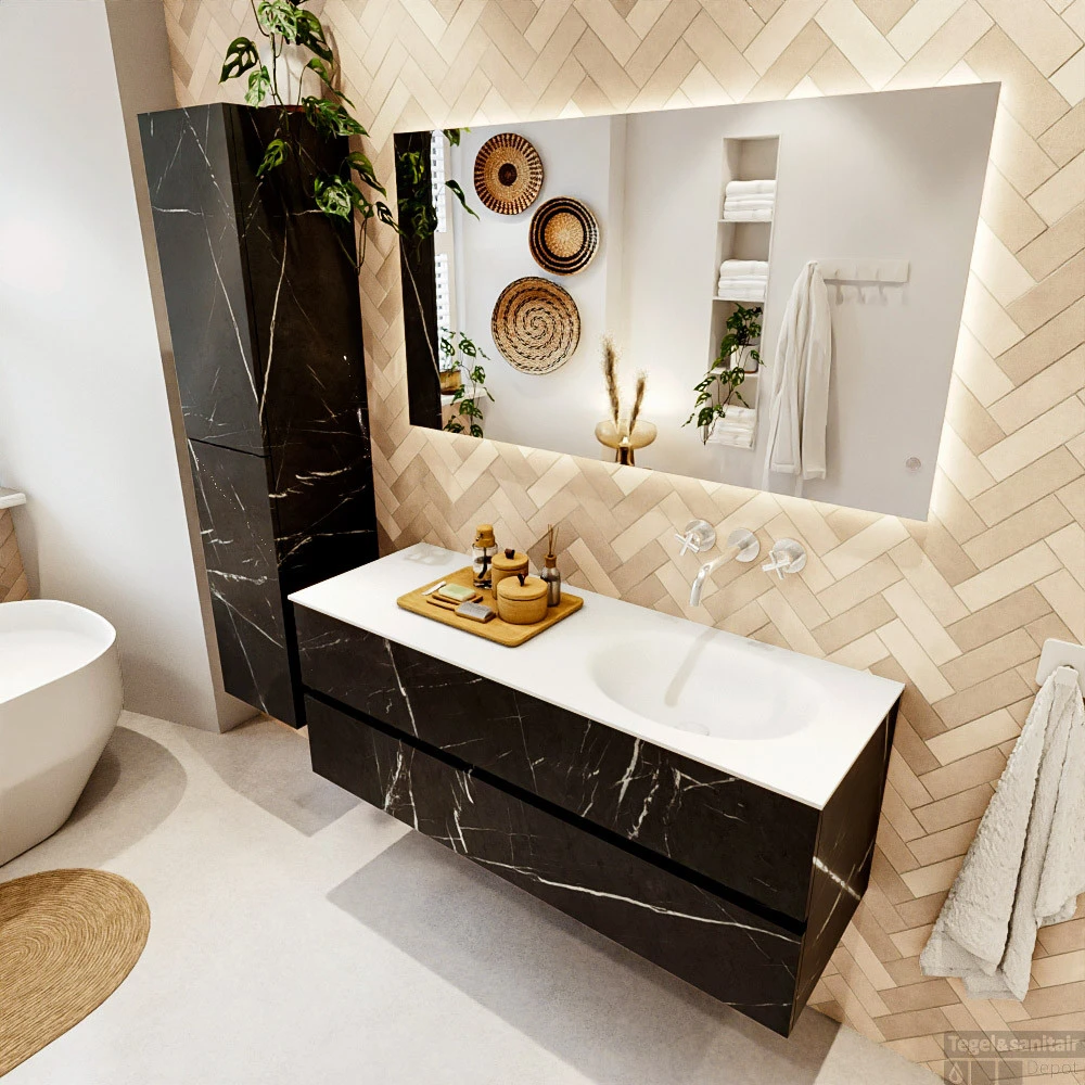 MONDIAZ VICA 130cm Badmeubel Onderkast Marquina 2 Lades. Wastafel MOON Rechts Zonder Kraangat, Kleur Talc. 3 MONDIAZ VICA 130cm Badmeubel Onderkast Marquina 2 Lades. Wastafel MOON Rechts Zonder Kraangat, Kleur Talc. - Afbeelding 3