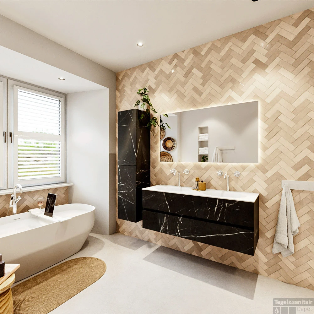 MONDIAZ VICA 130cm Badmeubel Onderkast Marquina 2 Lades. Wastafel Moon Dubbel 2 Kraangaten, Kleur Talc Met Spiegel LED. 7 MONDIAZ VICA 130cm Badmeubel Onderkast Marquina 2 Lades. Wastafel Moon Dubbel 2 Kraangaten, Kleur Talc Met Spiegel LED. - Afbeelding 7