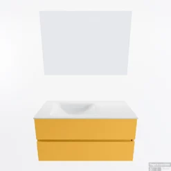 MONDIAZ VICA 100cm Badmeubel Onderkast Ocher 2 Lades. Wastafel CLOUD Links Zonder Kraangat, Kleur Talc Met Spiegel LED. -Baden Luxe Verkoop badkamermeubel vica ocher cloud talc google11 0014