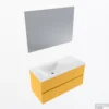 MONDIAZ VICA 100cm Badmeubel Onderkast Ocher 2 Lades. Wastafel CLOUD Links Zonder Kraangat, Kleur Talc Met Spiegel LED.