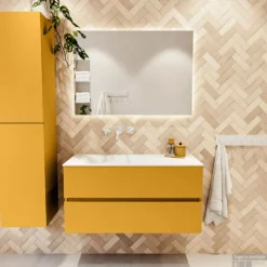 MONDIAZ VICA 100cm Badmeubel Onderkast Ocher 2 Lades. Wastafel CLOUD Links Zonder Kraangat, Kleur Talc Met Spiegel LED. -Baden Luxe Verkoop badkamermeubel vica ocher cloud talc set1 0014