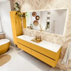 MONDIAZ VICA 180cm Badmeubel Onderkast Ocher 4 Lades. Wastafel CLOUD Links 1 Kraangat, Kleur Talc Met Spiegel LED. -Baden Luxe Verkoop badkamermeubel vica ocher cloud talc set2 0090