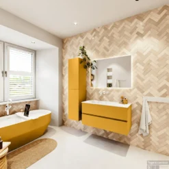 MONDIAZ VICA 100cm Badmeubel Onderkast Ocher 2 Lades. Wastafel CLOUD Links Zonder Kraangat, Kleur Talc Met Spiegel LED. -Baden Luxe Verkoop badkamermeubel vica ocher cloud talc set4 0014