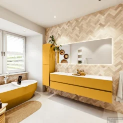 MONDIAZ VICA 180cm Badmeubel Onderkast Ocher 4 Lades. Wastafel CLOUD Links 1 Kraangat, Kleur Talc Met Spiegel LED. -Baden Luxe Verkoop badkamermeubel vica ocher cloud talc set4 0090