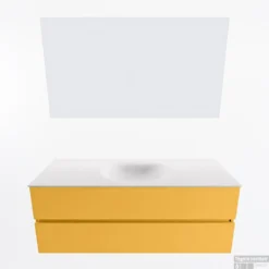 MONDIAZ VICA 130cm Badmeubel Onderkast Ocher 2 Lades. Wastafel Moon Midden Zonder Kraangat, Kleur Talc Met Spiegel LED. -Baden Luxe Verkoop badkamermeubel vica ocher moon talc google11 0034