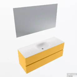 MONDIAZ VICA 130cm Badmeubel Onderkast Ocher 2 Lades. Wastafel Moon Midden Zonder Kraangat, Kleur Talc Met Spiegel LED.
