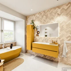 MONDIAZ VICA 130cm Badmeubel Onderkast Ocher 2 Lades. Wastafel Moon Midden Zonder Kraangat, Kleur Talc Met Spiegel LED. -Baden Luxe Verkoop badkamermeubel vica ocher moon talc set4 0034