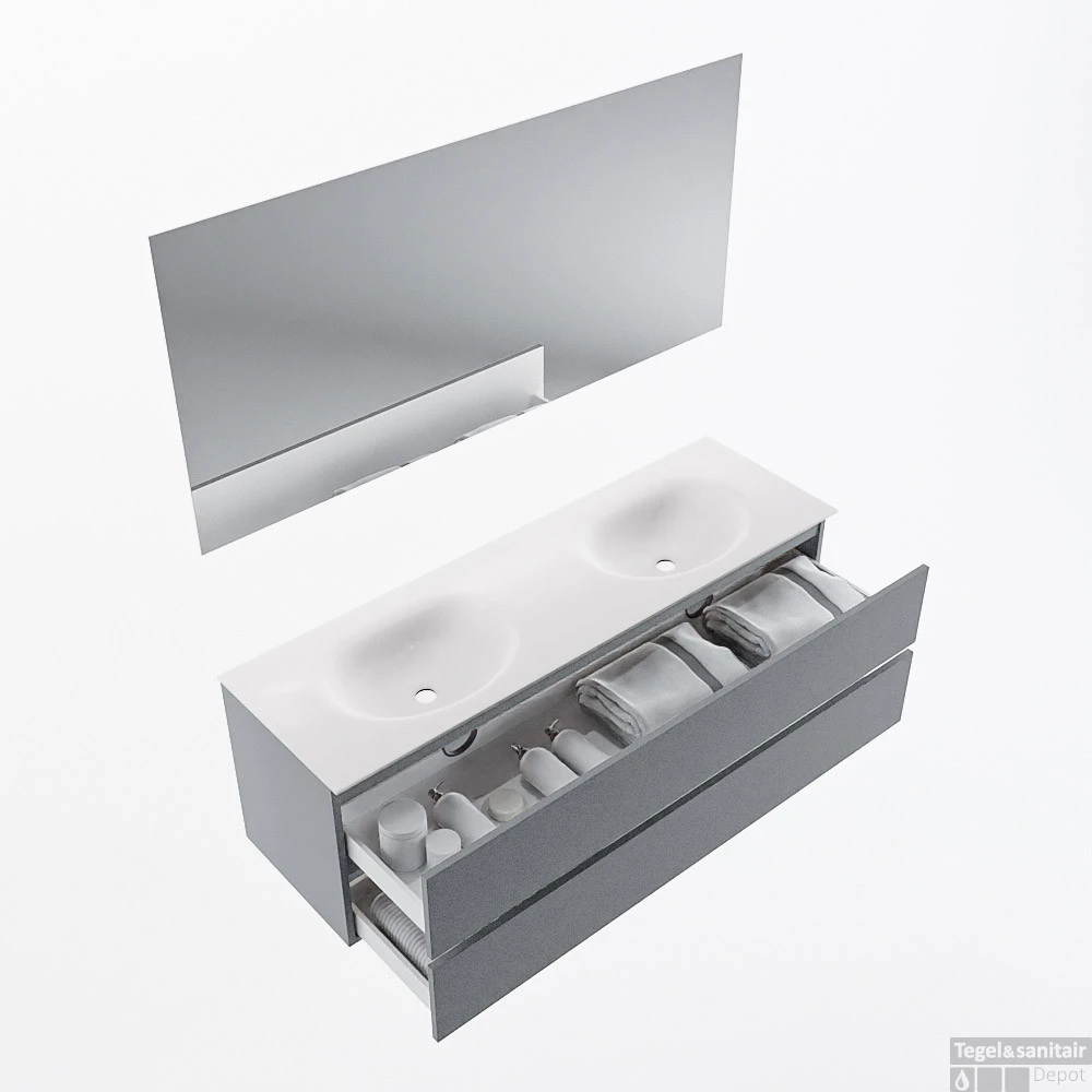 MONDIAZ VICA 150cm Badmeubel Onderkast Plata 2 Lades. Wastafel Moon Dubbel Zonder Kraangat, Kleur Talc Met Spiegel LED. 2 MONDIAZ VICA 150cm Badmeubel Onderkast Plata 2 Lades. Wastafel Moon Dubbel Zonder Kraangat, Kleur Talc Met Spiegel LED. - Afbeelding 2