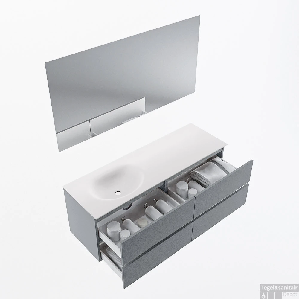 MONDIAZ VICA 140cm Badmeubel Onderkast Plata 4 Lades. Wastafel Moon Links 1 Kraangat, Kleur Talc Met Spiegel LED. 2 MONDIAZ VICA 140cm Badmeubel Onderkast Plata 4 Lades. Wastafel Moon Links 1 Kraangat, Kleur Talc Met Spiegel LED. - Afbeelding 2