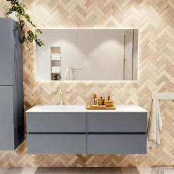 MONDIAZ VICA 140cm Badmeubel Onderkast Plata 4 Lades. Wastafel Moon Links 1 Kraangat, Kleur Talc Met Spiegel LED. 12 MONDIAZ VICA 140cm Badmeubel Onderkast Plata 4 Lades. Wastafel Moon Links 1 Kraangat, Kleur Talc Met Spiegel LED. -Baden Luxe Verkoop badkamermeubel vica plata moon talc set1 0066