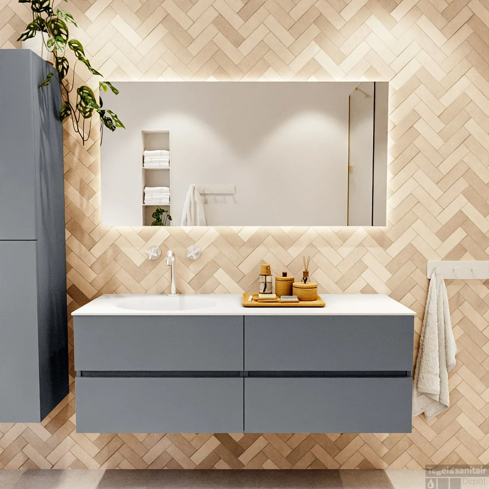 MONDIAZ VICA 140cm Badmeubel Onderkast Plata 4 Lades. Wastafel Moon Links 1 Kraangat, Kleur Talc Met Spiegel LED. 5 MONDIAZ VICA 140cm Badmeubel Onderkast Plata 4 Lades. Wastafel Moon Links 1 Kraangat, Kleur Talc Met Spiegel LED. - Afbeelding 5