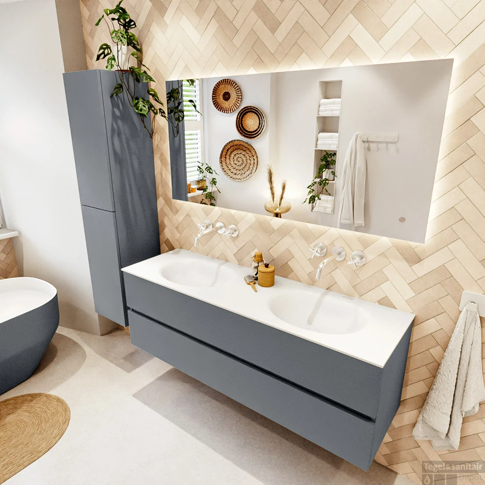 MONDIAZ VICA 150cm Badmeubel Onderkast Plata 2 Lades. Wastafel Moon Dubbel Zonder Kraangat, Kleur Talc Met Spiegel LED. 3 MONDIAZ VICA 150cm Badmeubel Onderkast Plata 2 Lades. Wastafel Moon Dubbel Zonder Kraangat, Kleur Talc Met Spiegel LED. - Afbeelding 3