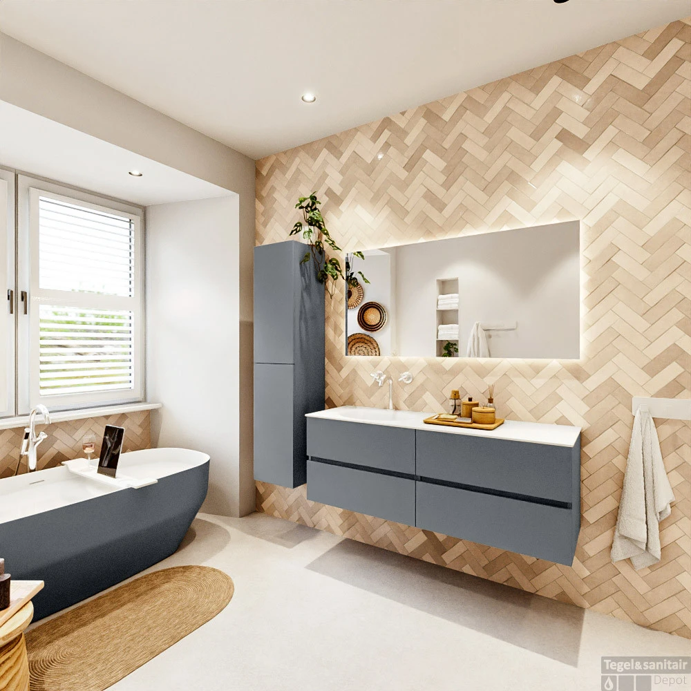 MONDIAZ VICA 140cm Badmeubel Onderkast Plata 4 Lades. Wastafel Moon Links 1 Kraangat, Kleur Talc Met Spiegel LED. 7 MONDIAZ VICA 140cm Badmeubel Onderkast Plata 4 Lades. Wastafel Moon Links 1 Kraangat, Kleur Talc Met Spiegel LED. - Afbeelding 7