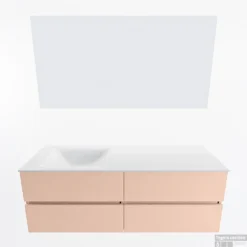 MONDIAZ VICA 140cm Badmeubel Onderkast Rosee 4 Lades. Wastafel CLOUD Links 1 Kraangat, Kleur Talc Met Spiegel LED. -Baden Luxe Verkoop badkamermeubel vica rosee cloud talc google11 0066