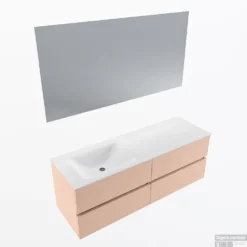 MONDIAZ VICA 140cm Badmeubel Onderkast Rosee 4 Lades. Wastafel CLOUD Links 1 Kraangat, Kleur Talc Met Spiegel LED.