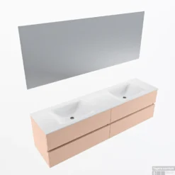 MONDIAZ VICA 180cm Badmeubel Onderkast Rosee 4 Lades. Wastafel CLOUD Dubbel 2 Kraangaten, Kleur Talc Met Spiegel LED.
