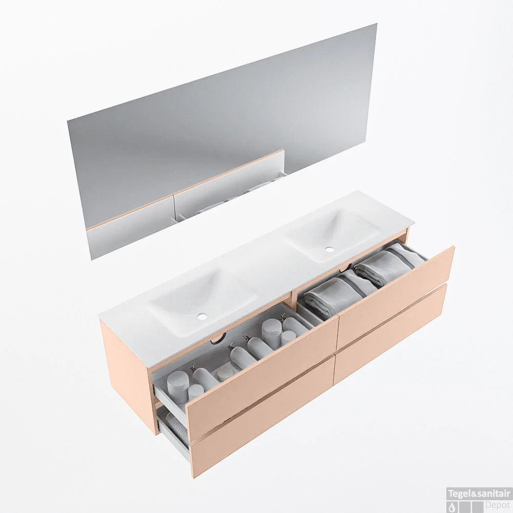 MONDIAZ VICA 180cm Badmeubel Onderkast Rosee 4 Lades. Wastafel CLOUD Dubbel 2 Kraangaten, Kleur Talc Met Spiegel LED. 2 MONDIAZ VICA 180cm Badmeubel Onderkast Rosee 4 Lades. Wastafel CLOUD Dubbel 2 Kraangaten, Kleur Talc Met Spiegel LED. - Afbeelding 2