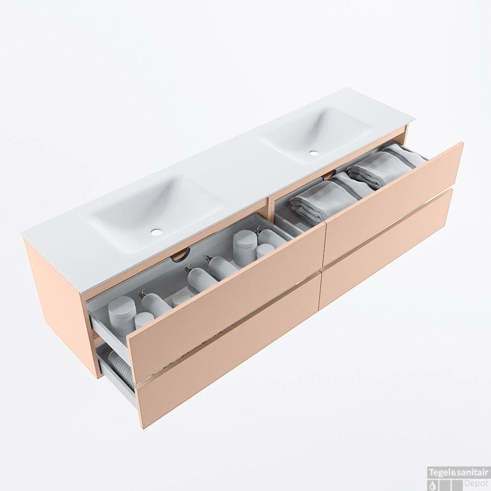 MONDIAZ VICA 190cm Badmeubel Onderkast Rosee 4 Lades. Wastafel CLOUD Dubbel Zonder Kraangat, Kleur Talc. 2 MONDIAZ VICA 190cm Badmeubel Onderkast Rosee 4 Lades. Wastafel CLOUD Dubbel Zonder Kraangat, Kleur Talc. - Afbeelding 2