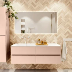 MONDIAZ VICA 140cm Badmeubel Onderkast Rosee 4 Lades. Wastafel CLOUD Links 1 Kraangat, Kleur Talc Met Spiegel LED. -Baden Luxe Verkoop badkamermeubel vica rosee cloud talc set1 0066