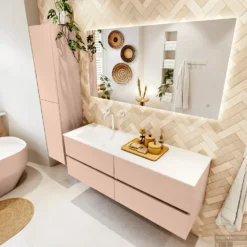 MONDIAZ VICA 140cm Badmeubel Onderkast Rosee 4 Lades. Wastafel CLOUD Links 1 Kraangat, Kleur Talc Met Spiegel LED. -Baden Luxe Verkoop badkamermeubel vica rosee cloud talc set2 0066