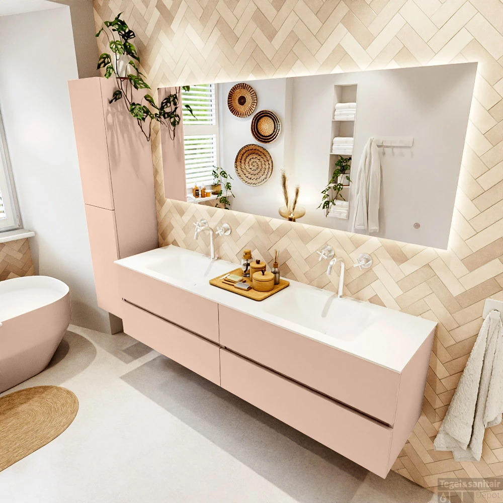 MONDIAZ VICA 180cm Badmeubel Onderkast Rosee 4 Lades. Wastafel CLOUD Dubbel 2 Kraangaten, Kleur Talc Met Spiegel LED. 3 MONDIAZ VICA 180cm Badmeubel Onderkast Rosee 4 Lades. Wastafel CLOUD Dubbel 2 Kraangaten, Kleur Talc Met Spiegel LED. - Afbeelding 3