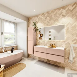 MONDIAZ VICA 140cm Badmeubel Onderkast Rosee 4 Lades. Wastafel CLOUD Links 1 Kraangat, Kleur Talc Met Spiegel LED. -Baden Luxe Verkoop badkamermeubel vica rosee cloud talc set4 0066