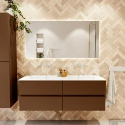 MONDIAZ VICA 140cm Badmeubel Onderkast Rust 4 Lades. Wastafel CLOUD Dubbel Zonder Kraangat, Kleur Talc. -Baden Luxe Verkoop badkamermeubel vica rust cloud talc set1 0071