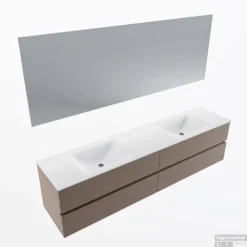 MONDIAZ VICA 200cm Badmeubel Onderkast Smoke 4 Lades. Wastafel CLOUD Dubbel Zonder Kraangat, Kleur Talc Met Spiegel LED.
