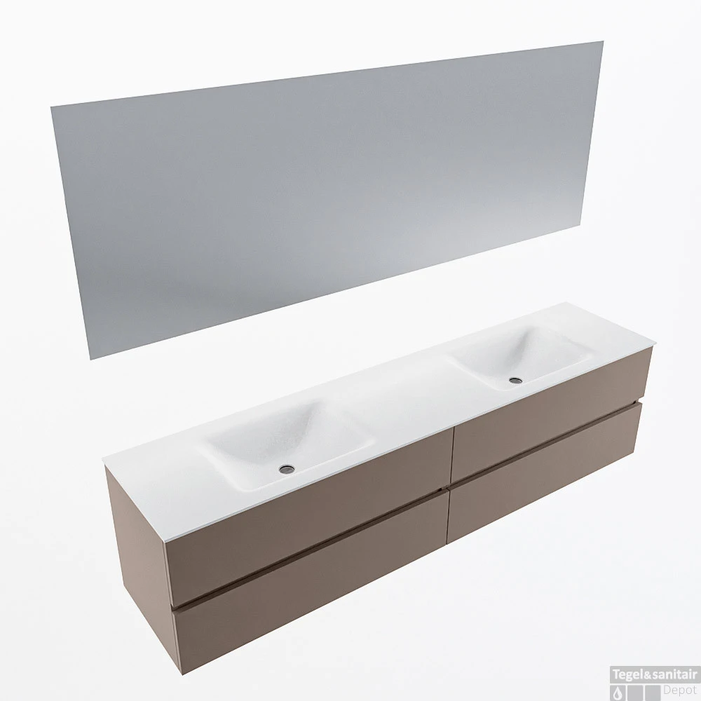 MONDIAZ VICA 200cm Badmeubel Onderkast Smoke 4 Lades. Wastafel CLOUD Dubbel Zonder Kraangat, Kleur Talc Met Spiegel LED. 1 MONDIAZ VICA 200cm Badmeubel Onderkast Smoke 4 Lades. Wastafel CLOUD Dubbel Zonder Kraangat, Kleur Talc Met Spiegel LED.