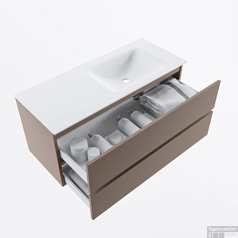 MONDIAZ VICA 110cm Badmeubel Onderkast Smoke 2 Lades. Wastafel CLOUD Rechts Zonder Kraangat, Kleur Talc. 2 MONDIAZ VICA 110cm Badmeubel Onderkast Smoke 2 Lades. Wastafel CLOUD Rechts Zonder Kraangat, Kleur Talc. - Afbeelding 2