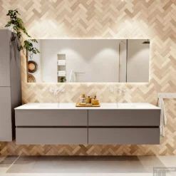 MONDIAZ VICA 200cm Badmeubel Onderkast Smoke 4 Lades. Wastafel CLOUD Dubbel Zonder Kraangat, Kleur Talc Met Spiegel LED. 12 MONDIAZ VICA 200cm Badmeubel Onderkast Smoke 4 Lades. Wastafel CLOUD Dubbel Zonder Kraangat, Kleur Talc Met Spiegel LED. -Baden Luxe Verkoop badkamermeubel vica smoke cloud talc set1 0107