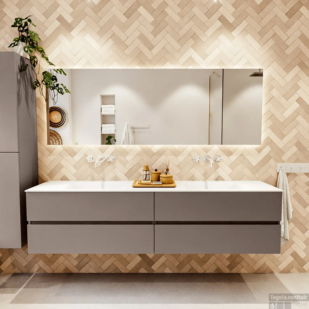 MONDIAZ VICA 200cm Badmeubel Onderkast Smoke 4 Lades. Wastafel CLOUD Dubbel Zonder Kraangat, Kleur Talc Met Spiegel LED. 5 MONDIAZ VICA 200cm Badmeubel Onderkast Smoke 4 Lades. Wastafel CLOUD Dubbel Zonder Kraangat, Kleur Talc Met Spiegel LED. - Afbeelding 5