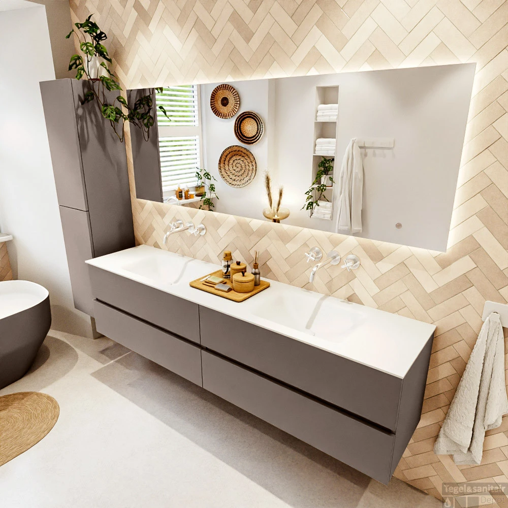 MONDIAZ VICA 200cm Badmeubel Onderkast Smoke 4 Lades. Wastafel CLOUD Dubbel Zonder Kraangat, Kleur Talc Met Spiegel LED. 3 MONDIAZ VICA 200cm Badmeubel Onderkast Smoke 4 Lades. Wastafel CLOUD Dubbel Zonder Kraangat, Kleur Talc Met Spiegel LED. - Afbeelding 3