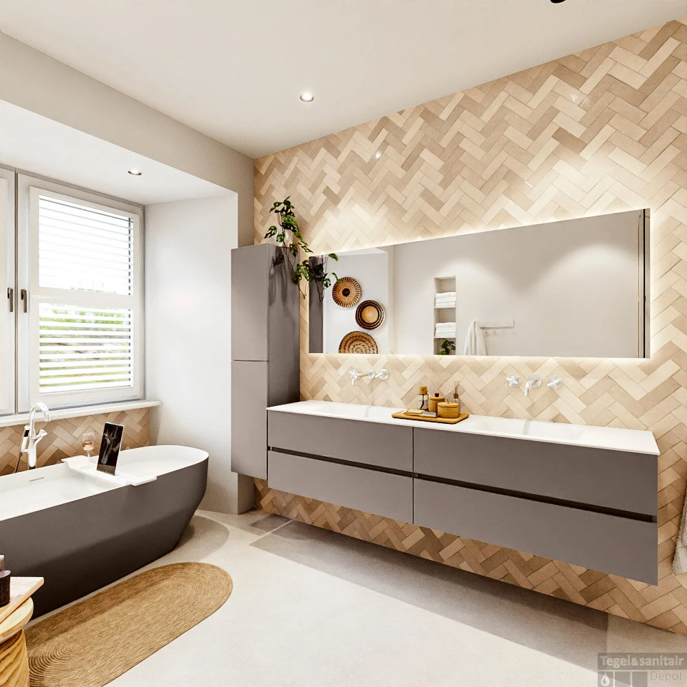 MONDIAZ VICA 200cm Badmeubel Onderkast Smoke 4 Lades. Wastafel CLOUD Dubbel Zonder Kraangat, Kleur Talc Met Spiegel LED. 7 MONDIAZ VICA 200cm Badmeubel Onderkast Smoke 4 Lades. Wastafel CLOUD Dubbel Zonder Kraangat, Kleur Talc Met Spiegel LED. - Afbeelding 7