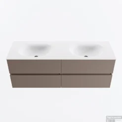 MONDIAZ VICA 140cm Badmeubel Onderkast Smoke 4 Lades. Wastafel MOON Dubbel Zonder Kraangat, Kleur Talc.