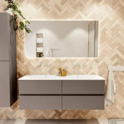 MONDIAZ VICA 140cm Badmeubel Onderkast Smoke 4 Lades. Wastafel MOON Dubbel Zonder Kraangat, Kleur Talc. -Baden Luxe Verkoop badkamermeubel vica smoke moon talc set1 0071