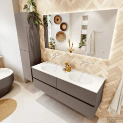 MONDIAZ VICA 140cm Badmeubel Onderkast Smoke 4 Lades. Wastafel MOON Dubbel Zonder Kraangat, Kleur Talc. -Baden Luxe Verkoop badkamermeubel vica smoke moon talc set2 0071