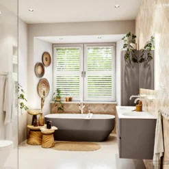 MONDIAZ VICA 140cm Badmeubel Onderkast Smoke 4 Lades. Wastafel MOON Dubbel Zonder Kraangat, Kleur Talc. -Baden Luxe Verkoop badkamermeubel vica smoke moon talc set3 0071