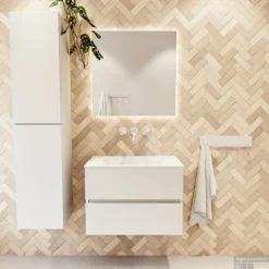 MONDIAZ VICA 70cm Badmeubel Onderkast Talc 2 Lades. Wastafel CLOUD Midden Zonder Kraangat, Kleur Talc Met Spiegel LED. -Baden Luxe Verkoop badkamermeubel vica talc cloud talc set1 0005