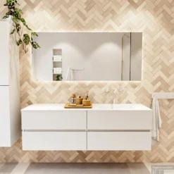 MONDIAZ VICA 160cm Badmeubel Onderkast Talc 4 Lades. Wastafel CLOUD Rechts 1 Kraangat, Kleur Talc. -Baden Luxe Verkoop badkamermeubel vica talc cloud talc set1 0079