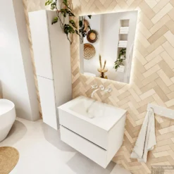 MONDIAZ VICA 70cm Badmeubel Onderkast Talc 2 Lades. Wastafel CLOUD Midden Zonder Kraangat, Kleur Talc Met Spiegel LED. -Baden Luxe Verkoop badkamermeubel vica talc cloud talc set2 0005