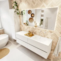 MONDIAZ VICA 160cm Badmeubel Onderkast Talc 4 Lades. Wastafel CLOUD Rechts 1 Kraangat, Kleur Talc. -Baden Luxe Verkoop badkamermeubel vica talc cloud talc set2 0079