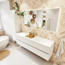 MONDIAZ VICA 170cm Badmeubel Onderkast Talc 4 Lades. Wastafel CLOUD Rechts 1 Kraangat, Kleur Talc. -Baden Luxe Verkoop badkamermeubel vica talc cloud talc set2 0085