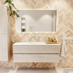 MONDIAZ VICA 130cm Badmeubel Onderkast Underlayment 2 Lades. Wastafel Moon Midden Zonder Kraangat, Kleur Talc Met Spiegel LED. -Baden Luxe Verkoop badkamermeubel vica underlayment moon talc set1 0034