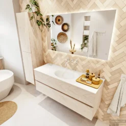 MONDIAZ VICA 130cm Badmeubel Onderkast Underlayment 2 Lades. Wastafel Moon Midden Zonder Kraangat, Kleur Talc Met Spiegel LED. -Baden Luxe Verkoop badkamermeubel vica underlayment moon talc set2 0034